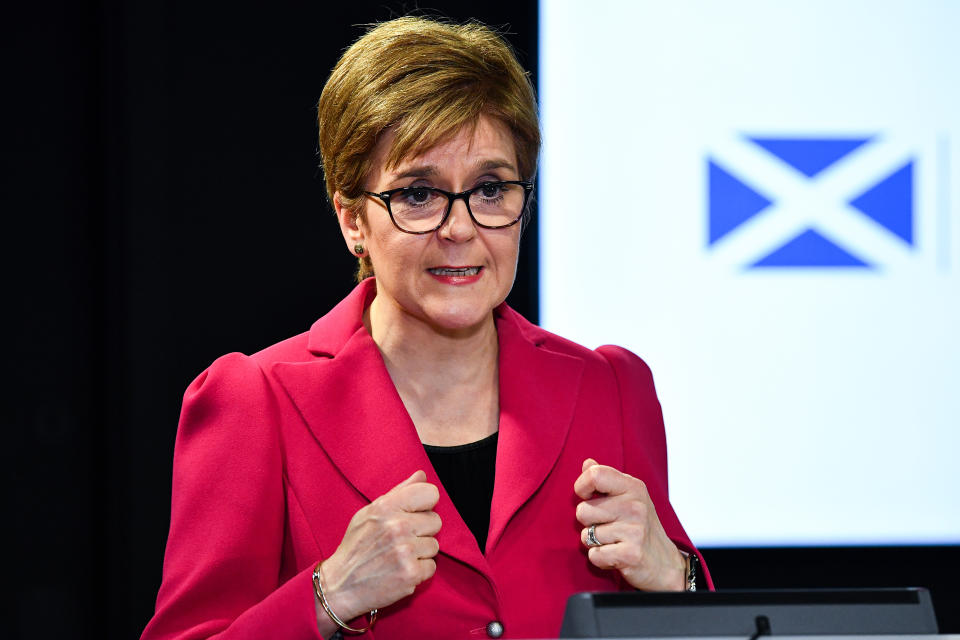 EDINBURGH, SCOTLAND - MARCH 12: The First Minister Nicola Sturgeon delivers an update on Corona Virus following a COBRA meeting on March 12, 2020 in Edinburgh, Scotland. Gatherings of more than 500 people should be cancelled from next week, the Scottish government is advising, the First Minister Nicola Sturgeon also said this was to free up emergency services, including police and ambulance crews, to deal with coronavirus.  (Photo by Jeff J Mitchell/Getty Images)