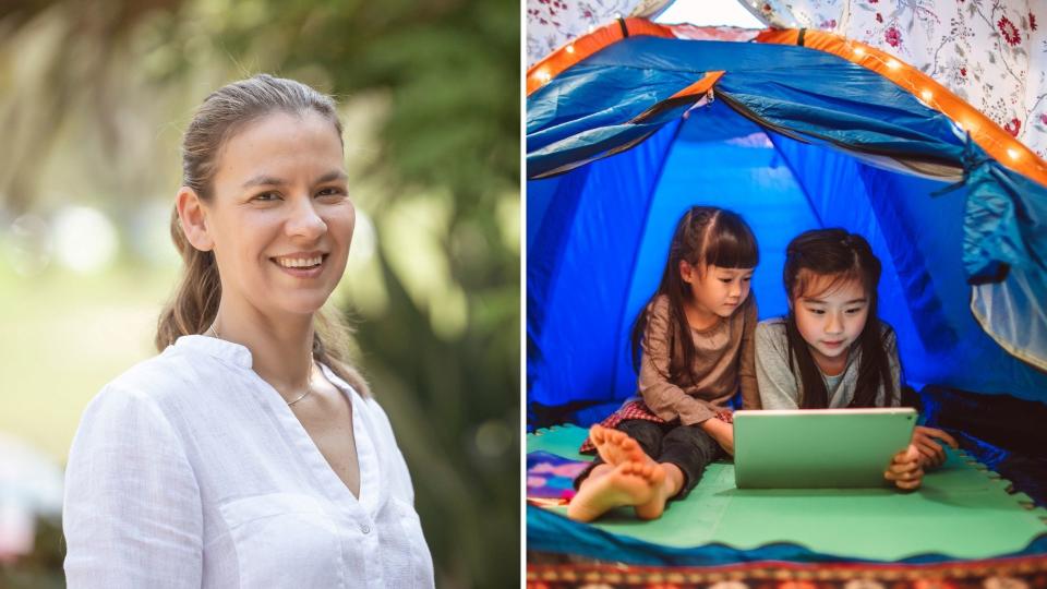 Former Macquarie COO and Skills and Thrills CEO Shazia Juma-Ross, two little girls using laptop. Remote learning concept. Images: Supplied, Getty