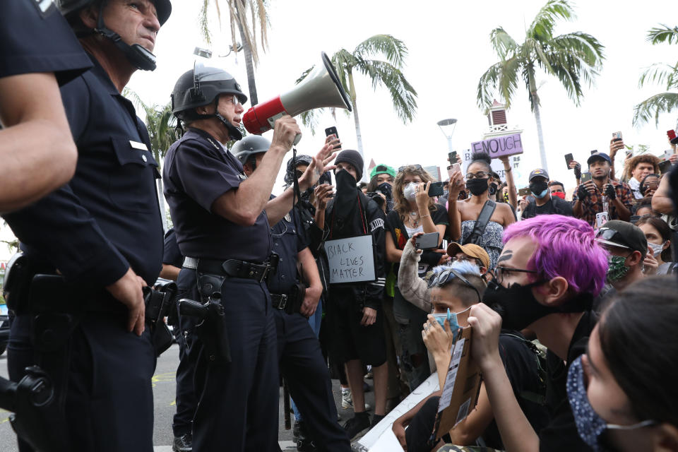 Los Angeles Police Chief Michel Moore addresses protesters over the weekend.  (Photo: Gary Coronado/Getty Images)