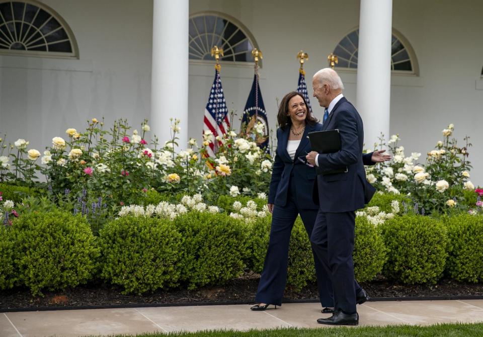 PHOTO: U.S. President Joe Biden, right, and U.S. Vice President Kamala Harris depart after speaking in the Rose Garden of the White House in Washington, D.C., May 13, 2021.  (Tasos Katopodis/UPI/Bloomberg via Getty Images, FILE)