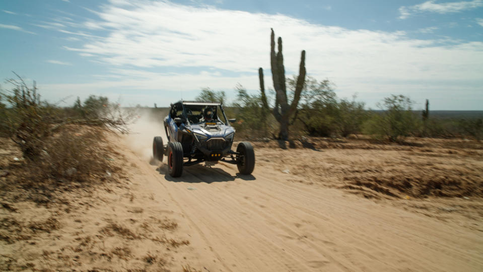 A Polaris RZR Pro R side-by-side travels off-road in Baja California, Mexico.