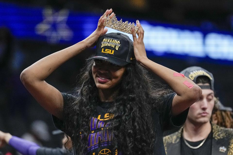 LSU's Angel Reese reacts after the NCAA Women's Final Four championship basketball game against Iowa Sunday, April 2, 2023, in Dallas. LSU won 102-85 to win the championship. (AP Photo/Tony Gutierrez)