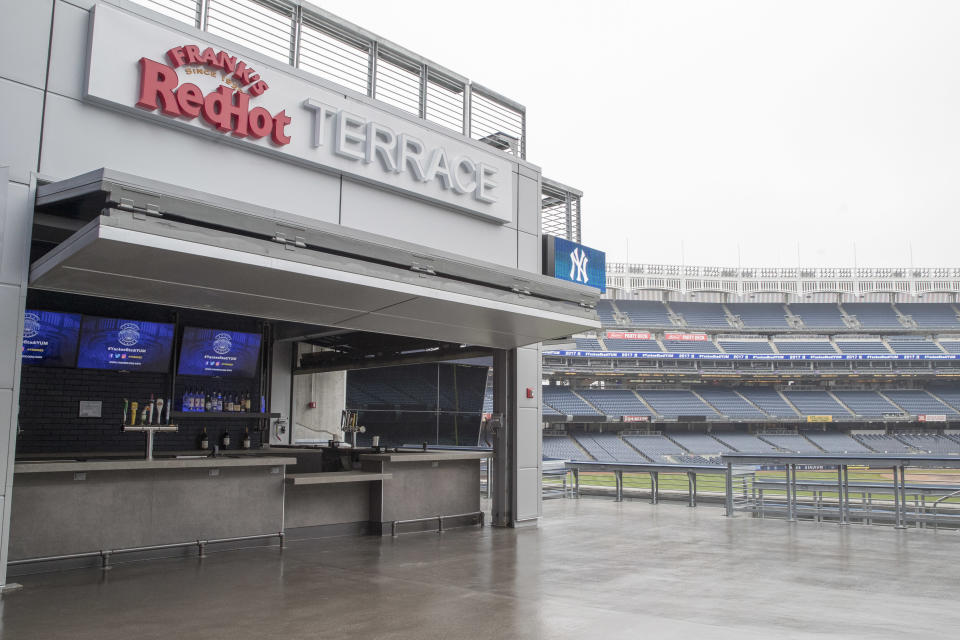 Frank's RedHot Terrace is seen during a media tour of Yankee stadium, Tuesday, April 4, 2017, in New York. The New York Yankees home-opener at the ballpark is scheduled for Monday, April 10, 2017, against the Tampa Bay Rays. (AP Photo/Mary Altaffer)