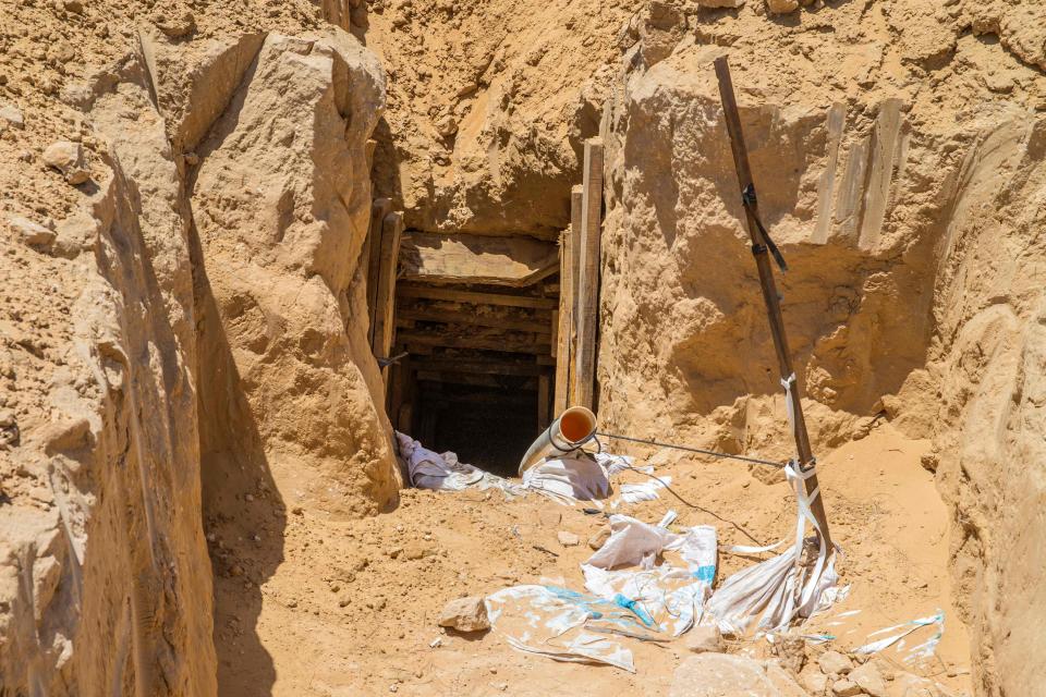 A picture taken on May 6, 2016, from the Israeli side along the border between Israel and the Gaza Strip shows the exit of an alleged offensive tunnel leading into Israel.