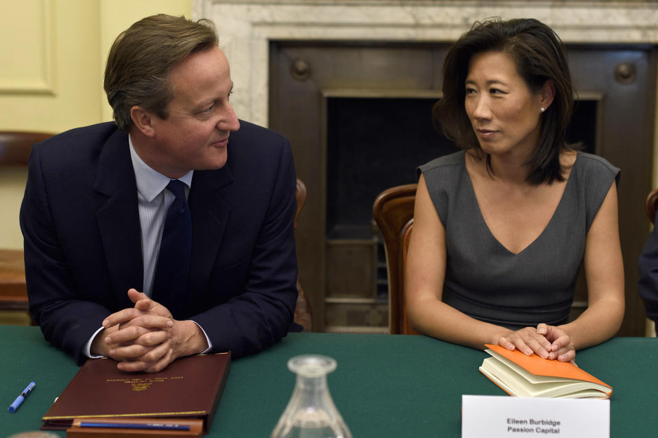 Former UK prime minister David Cameron talks with Eileen Burbidge during a Business Advisory Board meeting at Downing Street on 22 September, 2015 in London. Photo: Ben Pruchnie/Getty Images