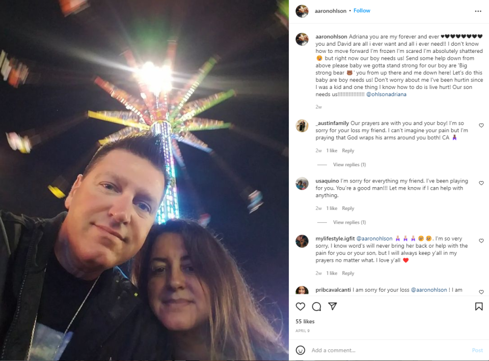 David Aaron Ohlson and his wife, Adriana Ohlson, are pictured in this screenshot of a photo posted on Instagram. Three weeks after the couple separated, their son, David Allan Ohlson, is accused of killing his mother with a shotgun.