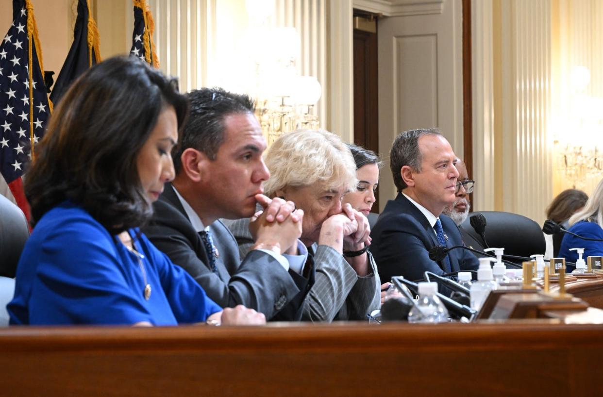 <span class="caption">Members of the House committee investigating the Jan. 6 attack listen during the fourth hearing on June 21, 2022, in Washington, D.C. </span> <span class="attribution"><a class="link " href="https://www.gettyimages.com/detail/news-photo/members-of-the-house-select-committee-hearing-to-news-photo/1241440996?adppopup=true" rel="nofollow noopener" target="_blank" data-ylk="slk:Mandel Ngan/POOL/AFP via Getty Images;elm:context_link;itc:0;sec:content-canvas">Mandel Ngan/POOL/AFP via Getty Images</a></span>