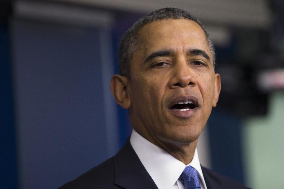 President Barack Obama speaks about Ukraine, Monday, March 17, 2014, in the James Brady Press Briefing Room at the White House in Washington. The president imposed sanctions against Russian officials, including advisers to President Vladimir Putin, for their support of Crimea's vote to secede from Ukraine. (AP Photo/ Evan Vucci)