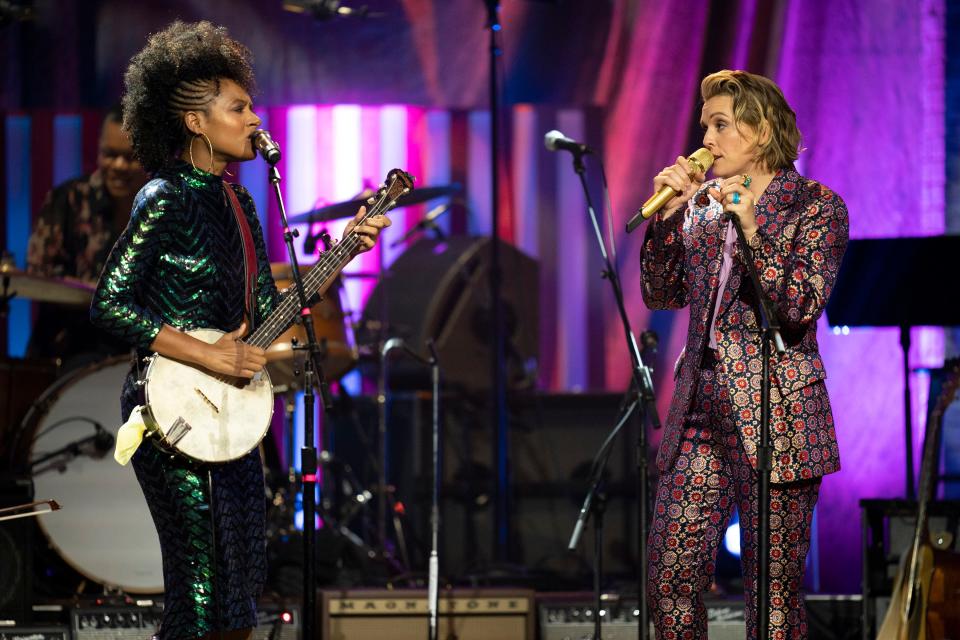 Allison Russell and Brandi Carlile perform "You're Not Alone" during the Americana Music Honors and Awards show at the Ryman Auditorium Wednesday, Sept. 14, 2022, in Nashville, Tenn. 