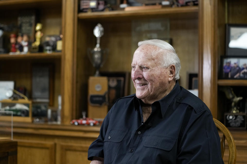 A.J. Foyt sits in his office, Wednesday, March 29, 2023, in Waller, Texas. March 7 of this year, when Foyt went to a Houston hospital to have a pacemaker installed. He was deeply opposed to the procedure, mostly because he believes a pacemaker killed his mother in 1988. He asked the doctors what would happen if he didn’t get it. “I think they were scared my heart was slowing down too much,” said Foyt, who has never slowed down a day in his life. “(The doctor) said the bad thing was you can pass out or have a stroke. Well, I didn’t want to be driving from Houston out here to the shop and pass out and kill somebody. So that’s the reason I did it, because I still like to drive my own car.” (AP Photo/Godofredo A. Vásquez)