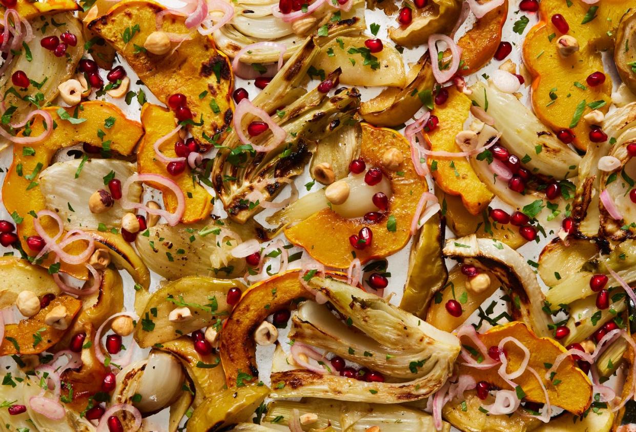 roasted fennel with delicata squash, apples, shallots, hazelnuts, pomegranate seeds, and parsley