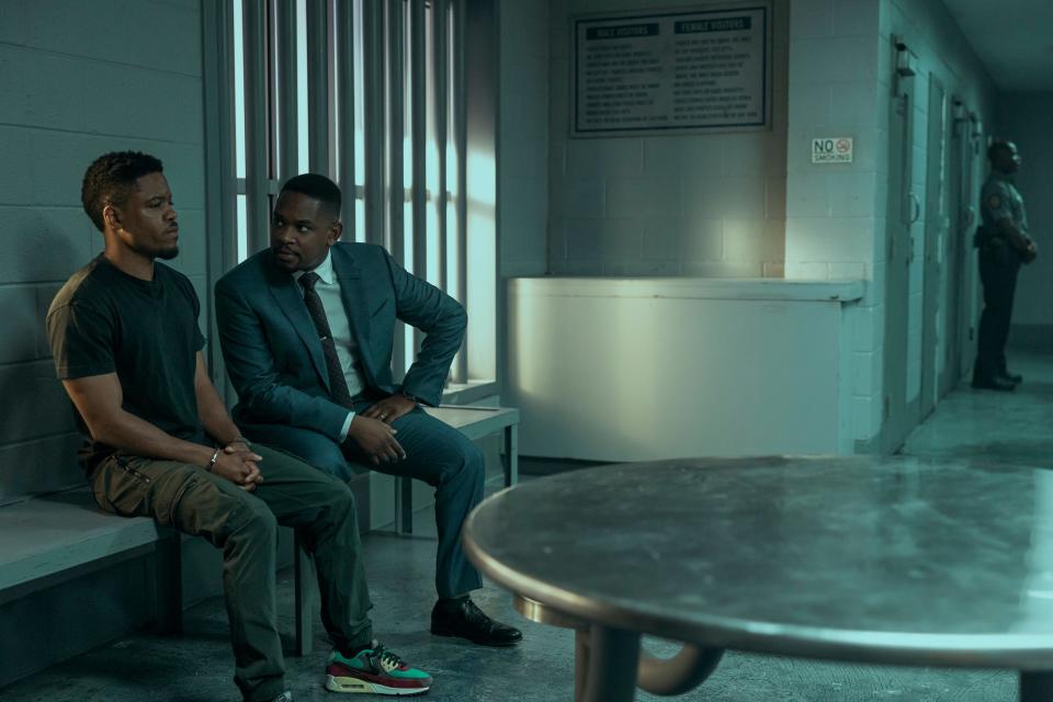 Jon Michael Hill as Conrad and Aml Ameen as Roger White in "A Man in Full."