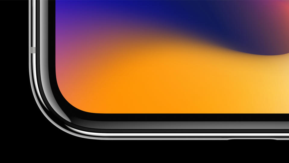 A bottom corner of an iPhone X, showing the screen going all the way to the edge of the device