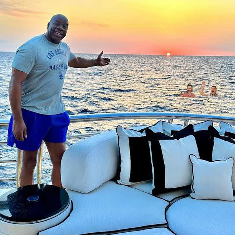 <p>Jimmy Kimmel/Instagram</p> Jimmy Kimmel and Guillermo Rodriguez photoshopped into Magic Johnson's vacation photo