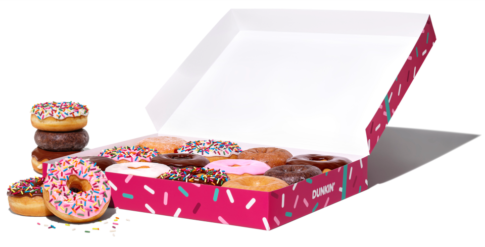 Dunkin' is ringing in its holiday menu and has festive boxes for orders of a half dozen and a dozen donuts. Beginning Nov. 29, Dunkin's classic chocolate, vanilla and strawberry frosted donuts get the annual Holiday Sprinkle treatment, too.