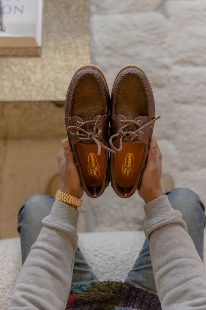 <p>Echevarria holds his brown tumbled leather Authentic Original 2-Eye Boat Shoe.</p>