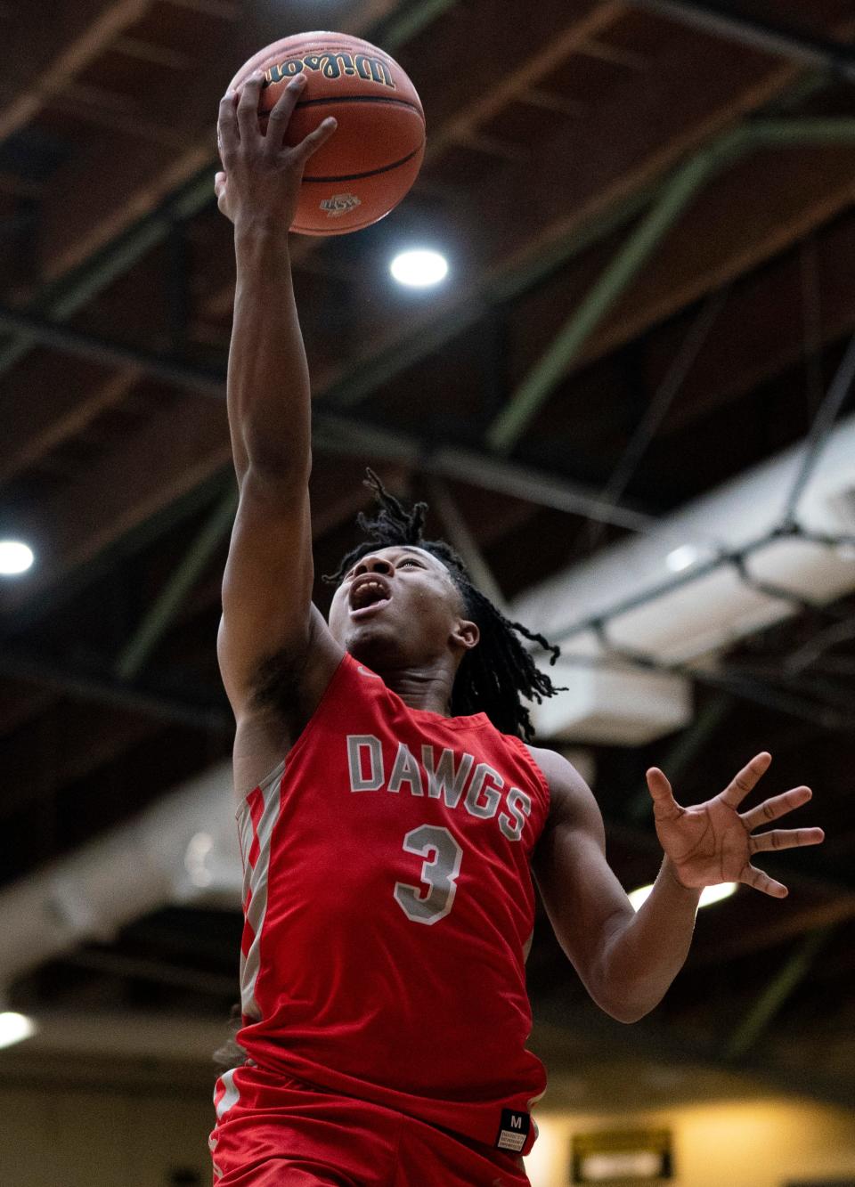 Bosse’s Elijah Wagner (3) goes up for a shot as the Mt. Vernon Wildcats play the Bosse Bulldogs during the 2024 IHSAA Class 3A Boys Basketball Sectional 32 semifinals at Boonville High School Friday, March 1, 2024.