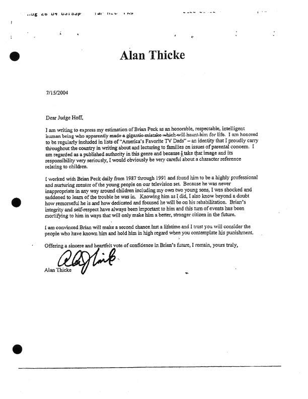 Alan Thicke's 2004 letter to the judge in support of Brian Peck.