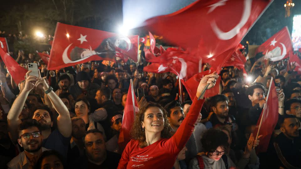 Supporters celebrate as Ekrem Imamoglu speaks after his re-election as the mayor of Istanbul on Monday in Istanbul, Turkey. - Ozan Guzelce/dia images/Getty Images