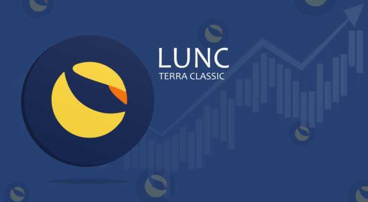 An image of a Terra Classic (LUNA-USD) token on a blue background with a rising arrow. LUNC crypto