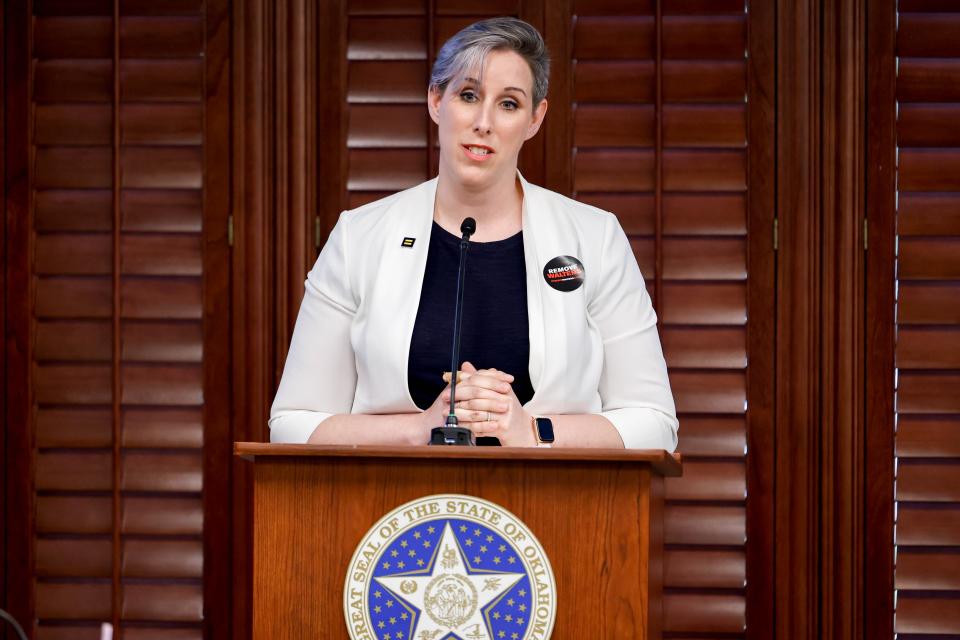 Cathryn Oakley speaks during an Oklahoma school board meeting at the Oklahoma Capitol in Oklahoma City, on Thursday, April 25, 2024.