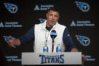 Tennessee Titans head coach Mike Vrabel responds to questions from reporters at the NFL football team's training facility Tuesday, July 25, 2023, in Nashville, Tenn. (AP Photo/George Walker IV)