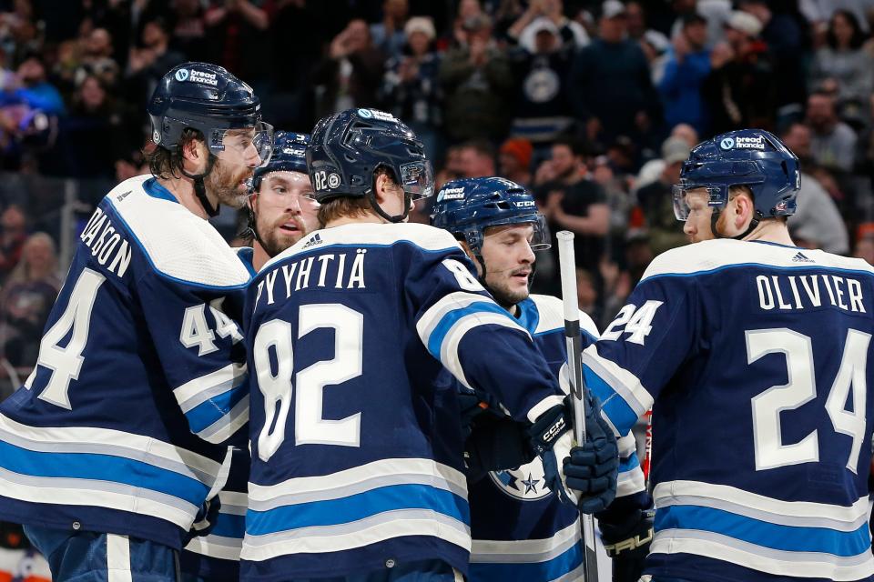 Apr 6, 2024; Columbus, Ohio, USA; Columbus Blue Jackets defenseman Erik Gudbranson (44) celebrates his goal against the Philadelphia Flyers during the first period at Nationwide Arena. Mandatory Credit: Russell LaBounty-USA TODAY Sports