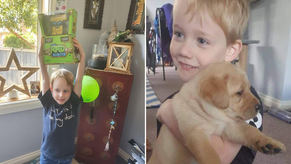 Sharon Zabielski's son Nash celebrated his sixth birthday a little differently this year due to the Covid pandemic. He is pictured with a new toy and a puppy.