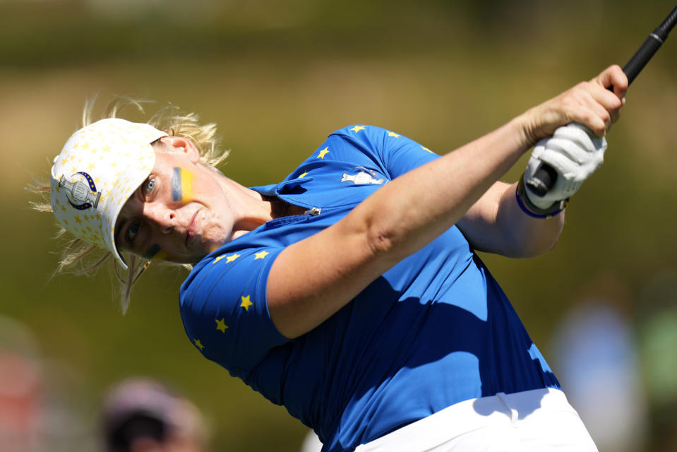 Europe's Maja Stark plays her tee shot on the 4th hole during her single match at the Solheim Cup golf tournament in Finca Cortesin, near Casares, southern Spain, Sunday, Sept. 24, 2023. Europe play the United States in this biannual women's golf tournament, which played alternately in Europe and the United States. (AP Photo/Bernat Armangue)