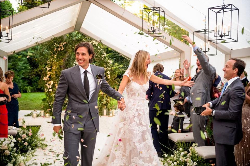 <p>Gwyneth Paltrow married Brad Falchuk in an A-line lace cap sleeve Valentino gown in Amagansett, NY on September 29, 2018. </p>