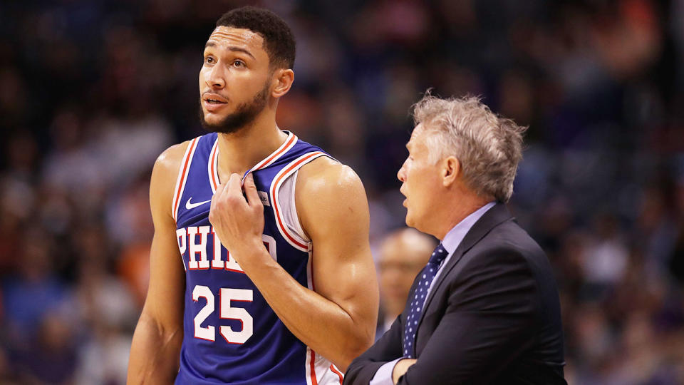 Brett Brown is seen here chatting to Ben Simmons during their time at the 76ers.