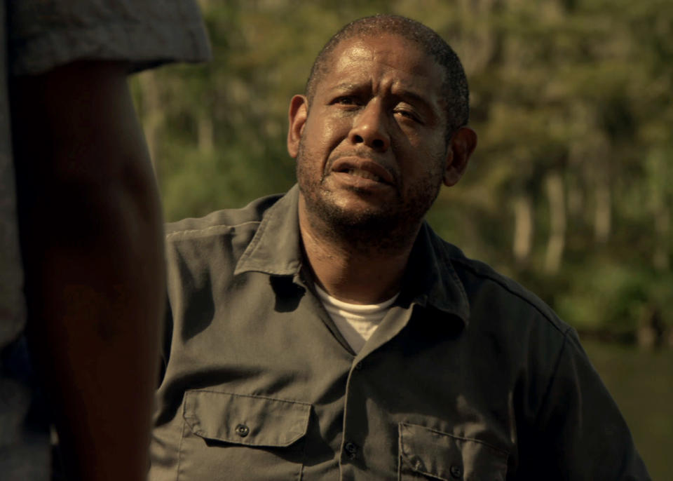 This photo provided by Codeblack Films shows Forest Whitaker, right, in a scene from the film, "Repentance." He plays the role of the bipolar Angel Sanchez, who seeks private treatment from a spiritual adviser before taking him hostage in the basement of the home where he and his young daughter reside. Whitaker took on a new challenge to grow in the psychological thriller which releases Friday, Feb. 28, 2014. (AP Photo/Codeblack Films, Patti Perret)