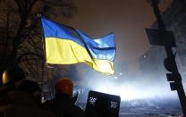 Anti-government protesters watch riot police from the barricade in Kiev February 7, 2014. REUTERS/David Mdzinarishvili