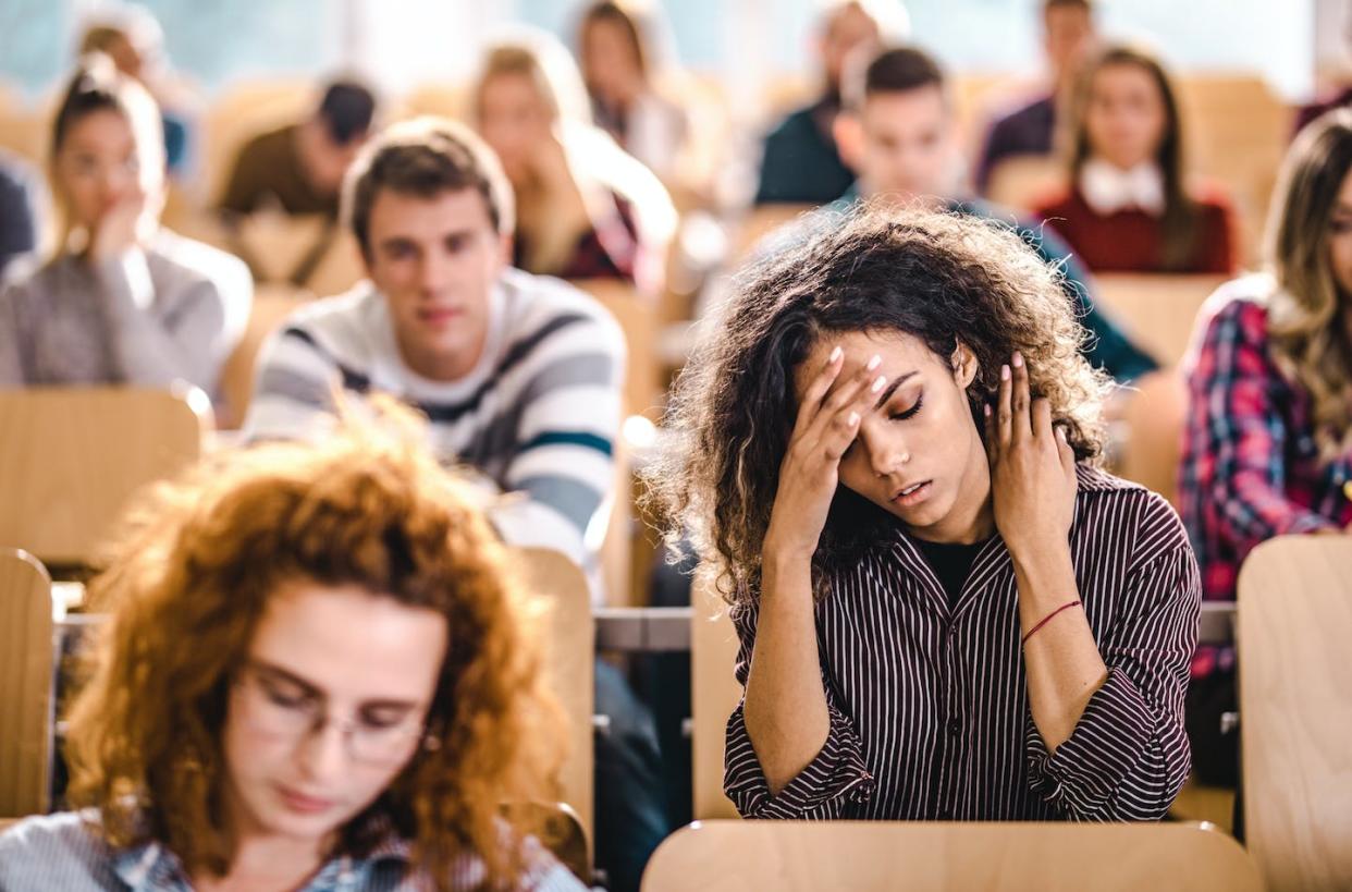 Nearly 7 in 10 undergrad respondents had thought about taking a break due to stress, according to a new study. <a href="https://www.gettyimages.com/detail/photo/young-university-student-having-a-headache-on-a-royalty-free-image/1176987195?phrase=college%20stress&adppopup=true" rel="nofollow noopener" target="_blank" data-ylk="slk:skynesher via Getty Images;elm:context_link;itc:0;sec:content-canvas" class="link ">skynesher via Getty Images</a>
