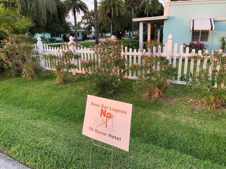 A sign opposing a proposed hotel for Indian River Drive just south of Sebastian is shown May 30, 2023. Several other signs like these also dotted Indian River Drive.