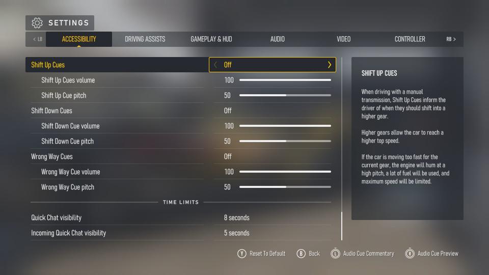 Screenshots of Forza Motorsport (2023)'s accessibility menus and settings.