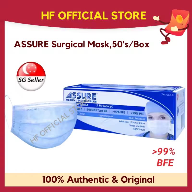 ASSURE Surgical Mask Earloop 3-ply Adult 50's/box. (Photo: Lazada SG)