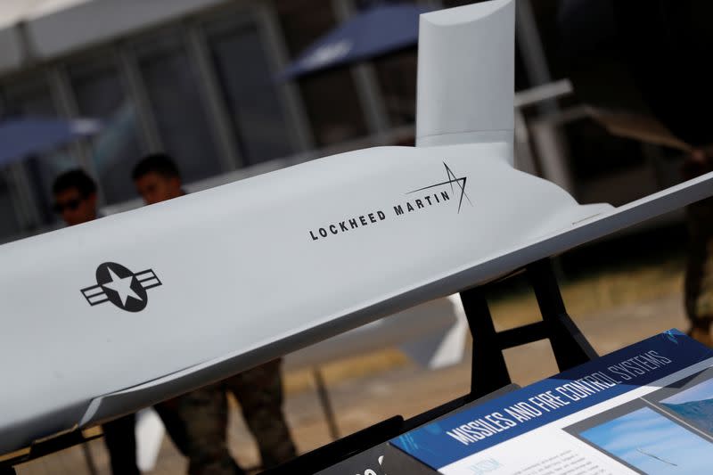 The Lockheed Martin name is seen on a missile casing at the Farnborough Airshow, in Farnborough