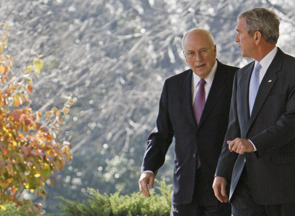 FILE - President Bush walks with Vice President Dick Cheney to the Rose Garden of the White House in Washington on Dec. 14, 2007, tomake a statement to reporters after a Cabinet meeting. A new CNN Films documentary explores the role of the U.S. vice presidency, which in modern times has emerged into a more powerful position. Still, the film notes that a veep’s duties are all up to the president. (AP Photo/Charles Dharapak, File)