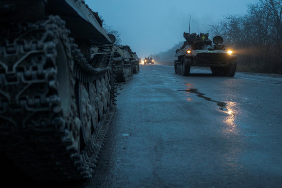 Armoured personnel carriers of the Ukrainian Armed Forces are seen on a road, amid Russia’s attack on Ukraine, in Kherson region, Ukraine December 9, 2022.  REUTERS/Anna Voitenko