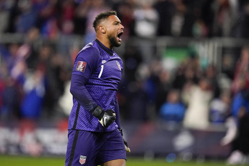 United States' Zack Steffen reacts after defeating Mexico 2-0 during a FIFA World Cup qualifying soccer match, Friday, Nov. 12, 2021, in Cincinnati. (AP Photo/Julio Cortez)