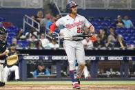 Washington Nationals' Juan Soto (22) draws a walk during the fifth inning of a baseball game against the Miami Marlins, Wednesday, May 18, 2022, in Miami. (AP Photo/Lynne Sladky)