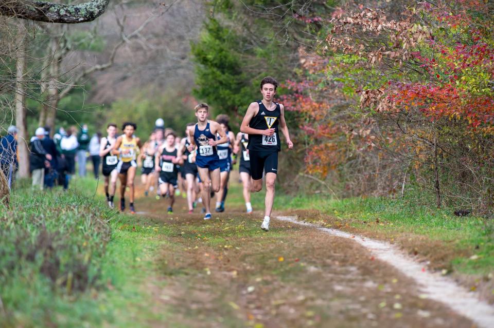 Tatnall's Declan McDonnell leads the DIAA 2020 Cross Country Boy's Division II Championship at Killens Pond State Park in Felton.