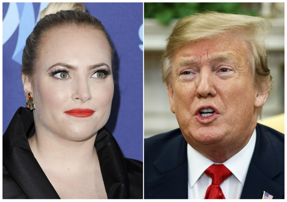 This combination photo shows TV personality Meghan McCain at the 26th Annual GLAAD Media Awards in Beverly Hills, Calif. on March 21, 2015, left, and President Donald Trump in the Oval Office of the White House in Washington on March 7, 2019. Meghan McCain says President Donald Trump's life is “pathetic” after his Twitter attack against her father, the late Sen. John McCain. She fired back Monday, March 18, 2019, at Trump on “The View” after the president tweeted comments over the weekend criticizing her father, who died last year after battling brain cancer. (AP Photo/Evan Vucci, File)