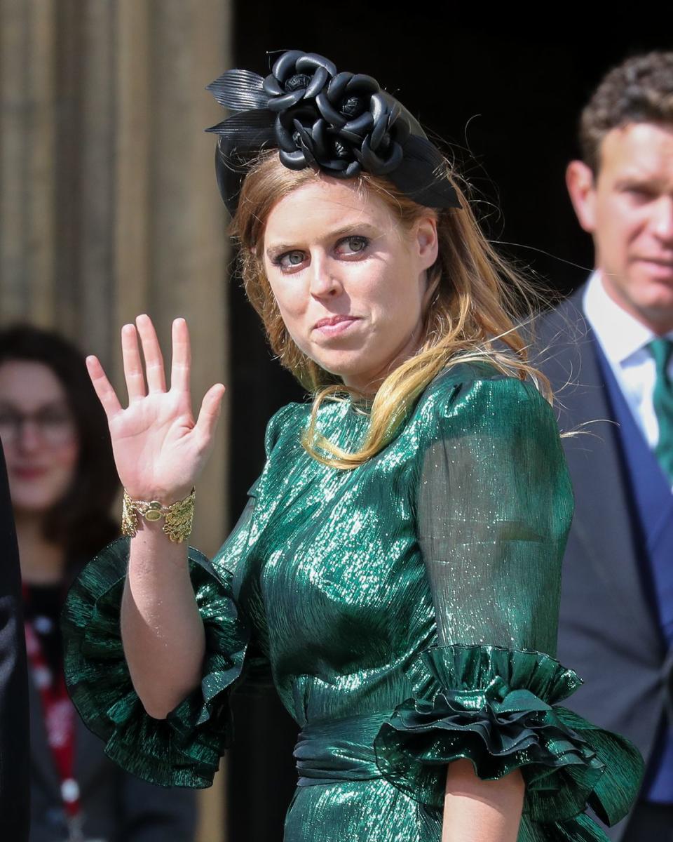 <p>For Ellie Goulding and Caspar Jopling's August 2019 wedding, Princess Beatrice of York wore a detailed gold <a href="https://www.townandcountrymag.com/style/jewelry-and-watches/a36521622/cuffs-accessories-jewelry/" rel="nofollow noopener" target="_blank" data-ylk="slk:cuff bracelet;elm:context_link;itc:0;sec:content-canvas" class="link ">cuff bracelet</a>.<br></p>