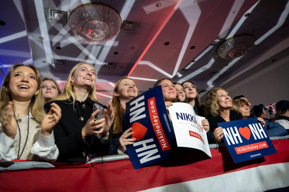 Supporters watch as New Hampshire presidential primary votes are counted, during Republican presidential candidate Nikki HaleyÕs watch party at the Grappone Conference Center in Concord, NH, on Tuesday, January 23, 2024.