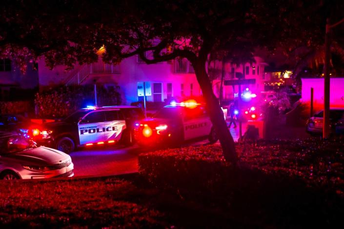 Hollywood Police Cars sit parked off Connecticut and North Broadwalk near Charnow Park after police responded to reports of multiple people shot during Memorial Day weekend at Hollywood, Florida, on Monday, May 29, 2023.