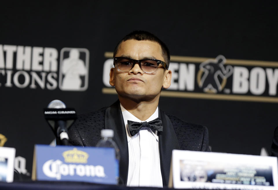 Boxer Marcos Maidana attends a news conference Wednesday, April 30, 2014, in Las Vegas. Maidana will square off against Floyd Mayweather Jr. in a welterweight title fight on Saturday, May 3. (AP Photo/Isaac Brekken)