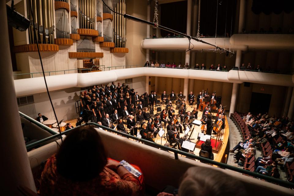 The Stillman College Choir and Tuscaloosa Symphony Orchestra will team again at 7 p.m. Monday, in the University of Alabama's Moody Concert Hall, for a concert featuring classical, spiritual, Broadway and gospel music. They're shown here in the 2023 performance.