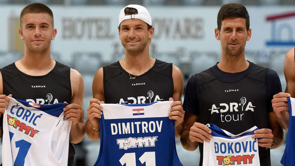 Borna Coric, Grigor Dimitrov and Novak Djokovic, pictured here before contracting coronavirus at the Adria Tour.